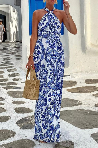 Vestidos bohemios de vacaciones con estampado floral y patchwork, sin mangas y cuello halter