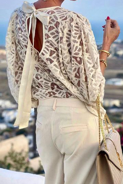 Tops casuales de color sólido con cordones y cuello redondo transparente