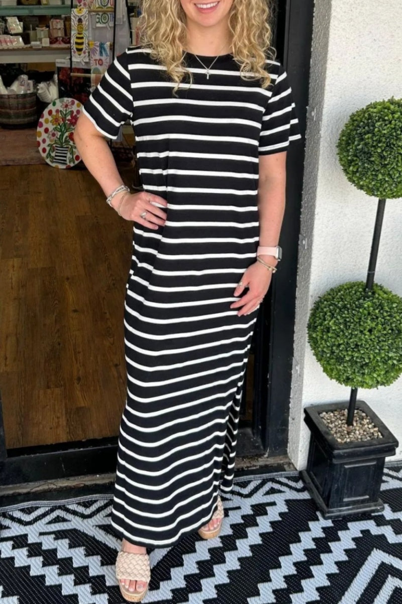 Vestidos largos informales con cuello redondo y abertura con estampado de rayas (6 colores)