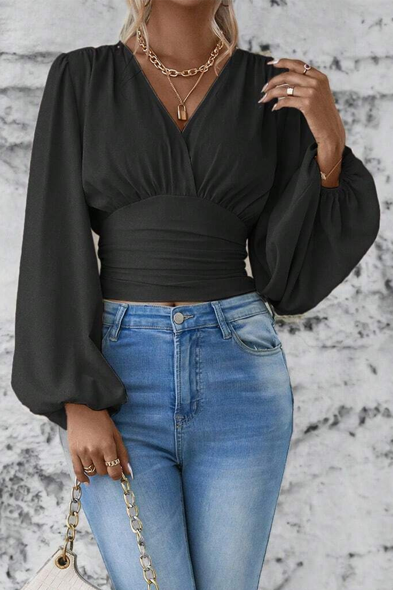 Blusas elegantes de cuello en V fruncidas de color liso para uso diario (6 colores)