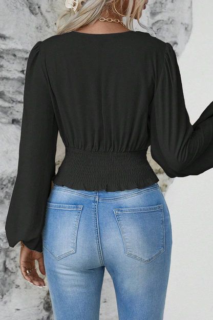 Blusas elegantes de cuello en V fruncidas de color liso para uso diario (6 colores)