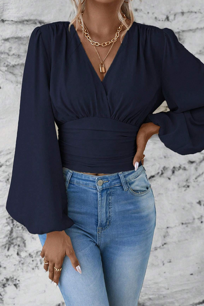 Blusas elegantes de cuello en V fruncidas de color liso para uso diario (6 colores)