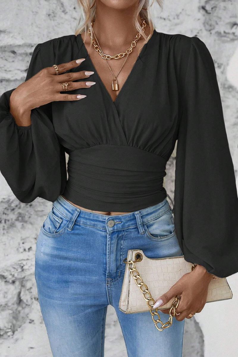 Blusas elegantes de cuello en V fruncidas de color liso para uso diario (6 colores)