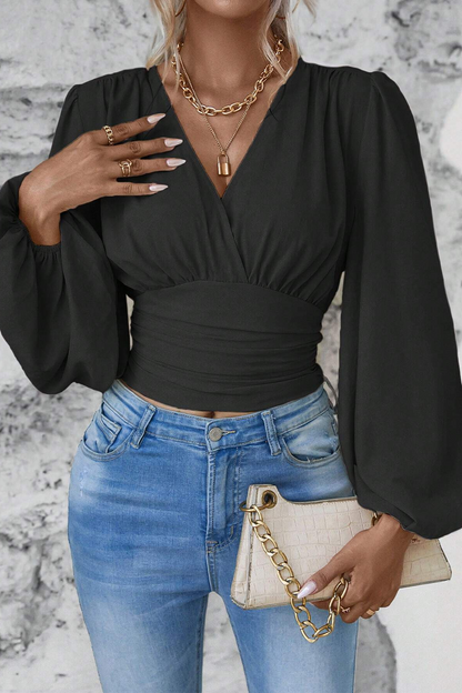 Blusas elegantes de cuello en V fruncidas de color liso para uso diario (6 colores)