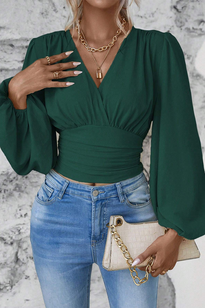 Blusas elegantes de cuello en V fruncidas de color liso para uso diario (6 colores)