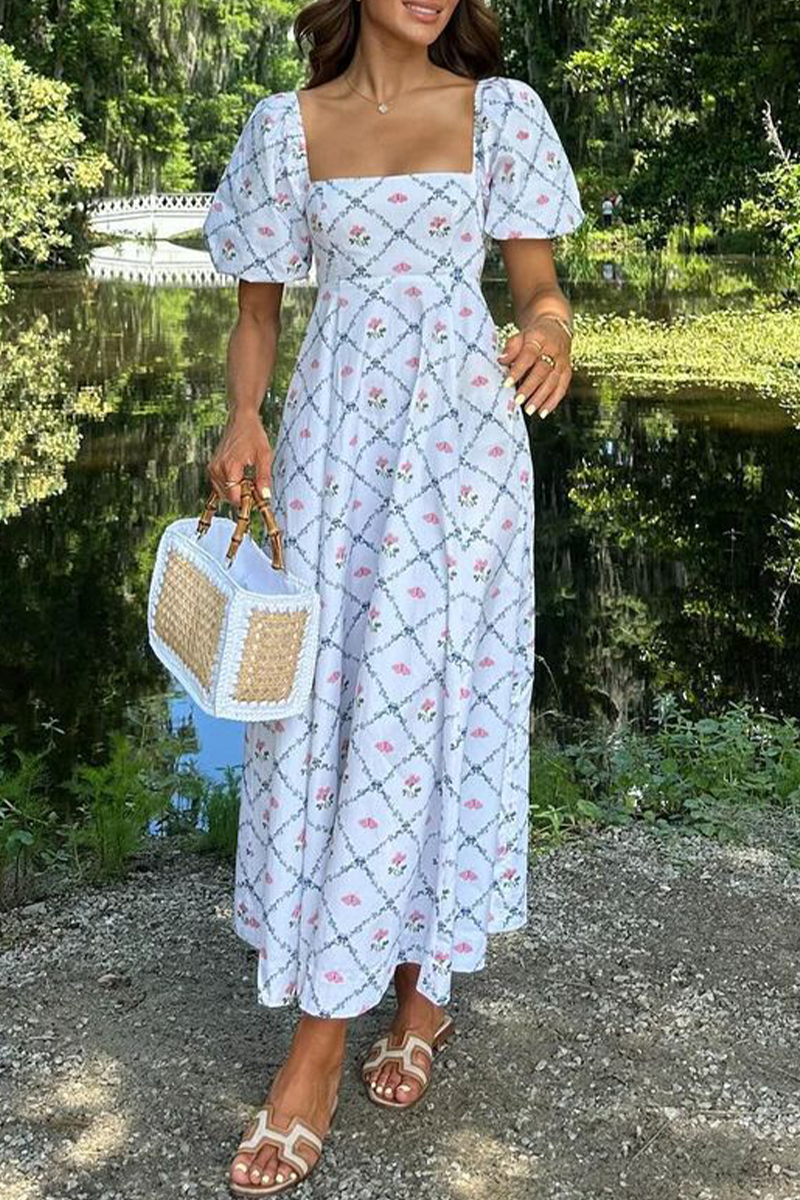 Vestido elegante de manga corta con cuello cuadrado y estampado floral de patchwork