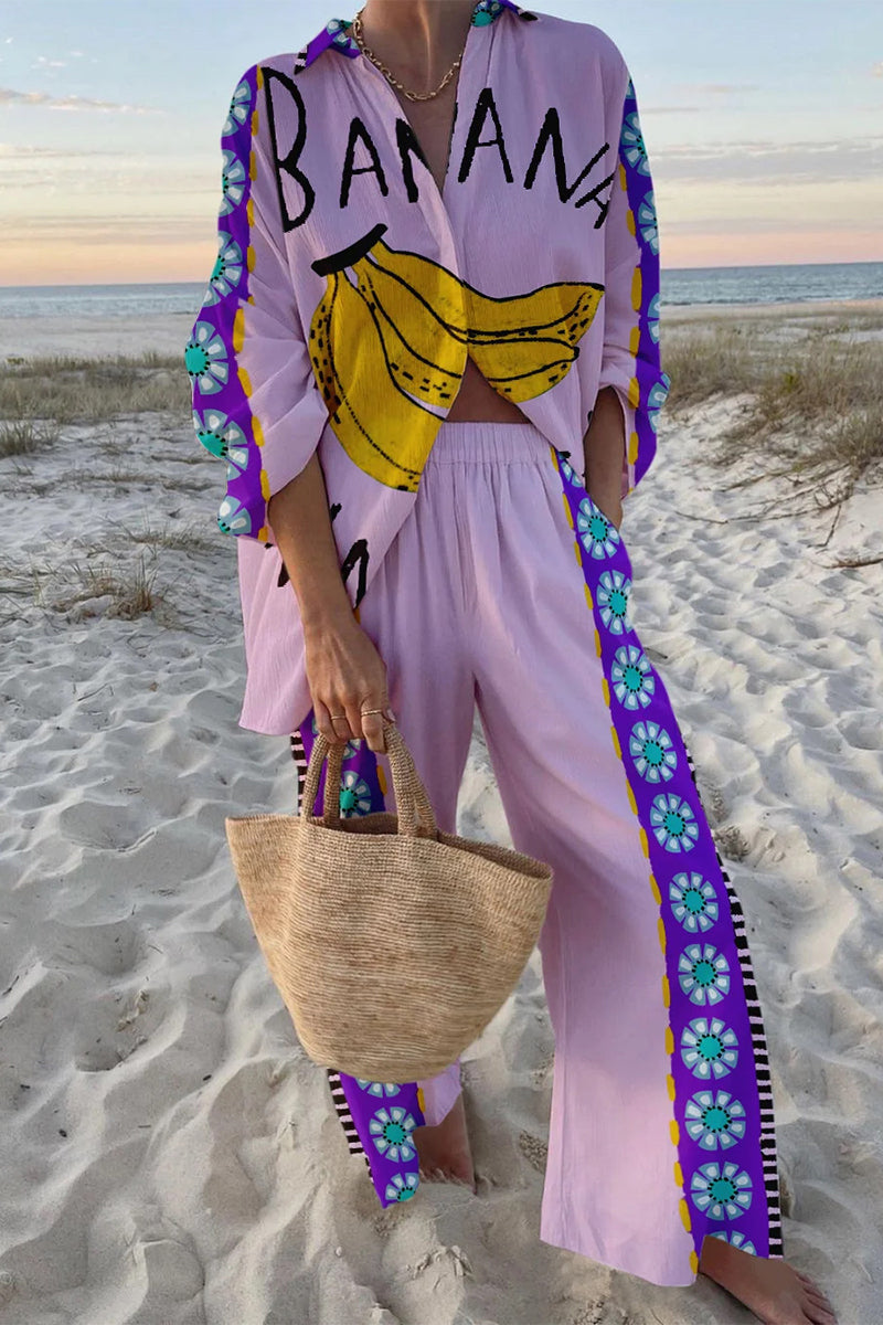 Conjunto informal de dos piezas con estampado de grafiti, bolsillos, botones y cuello vuelto en contraste, manga larga (9 colores)