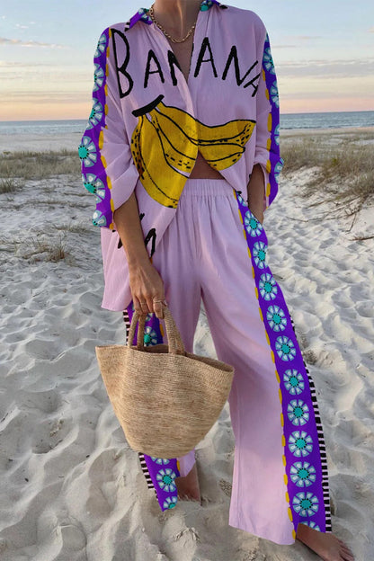 Conjunto informal de dos piezas con estampado de grafiti, bolsillos, botones y cuello vuelto en contraste, manga larga (9 colores)