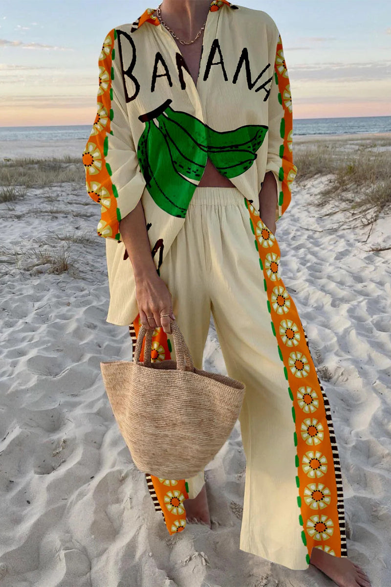 Conjunto informal de dos piezas con estampado de grafiti, bolsillos, botones y cuello vuelto en contraste, manga larga (9 colores)