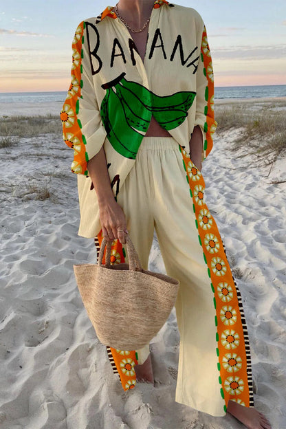 Conjunto informal de dos piezas con estampado de grafiti, bolsillos, botones y cuello vuelto en contraste, manga larga (9 colores)