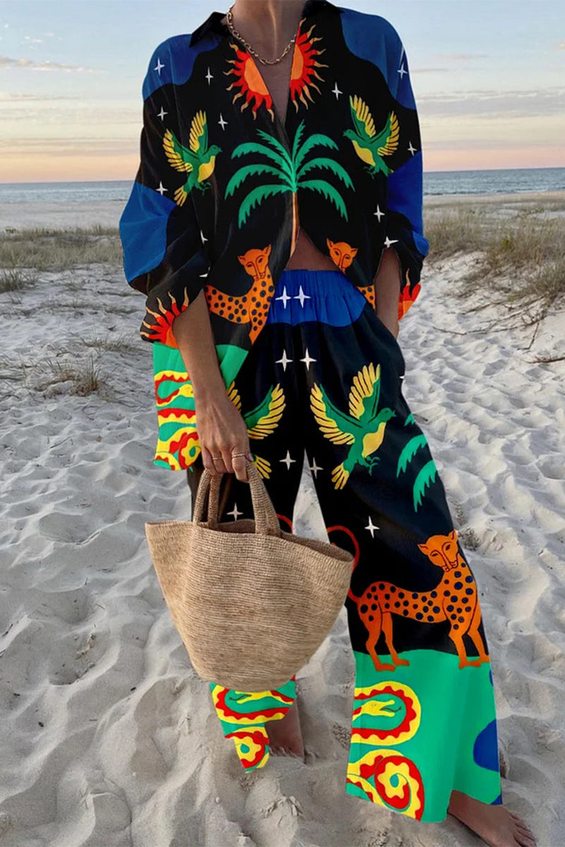 Conjunto informal de dos piezas con estampado de grafiti, bolsillos, botones y cuello vuelto en contraste, manga larga (9 colores)