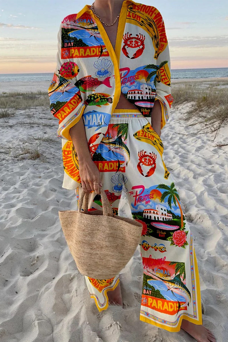 Conjunto informal de dos piezas con estampado de grafiti, bolsillos, botones y cuello vuelto en contraste, manga larga (9 colores)