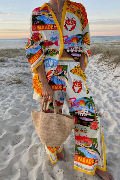 Conjunto informal de dos piezas con estampado de grafiti, bolsillos, botones y cuello vuelto en contraste, manga larga (9 colores)