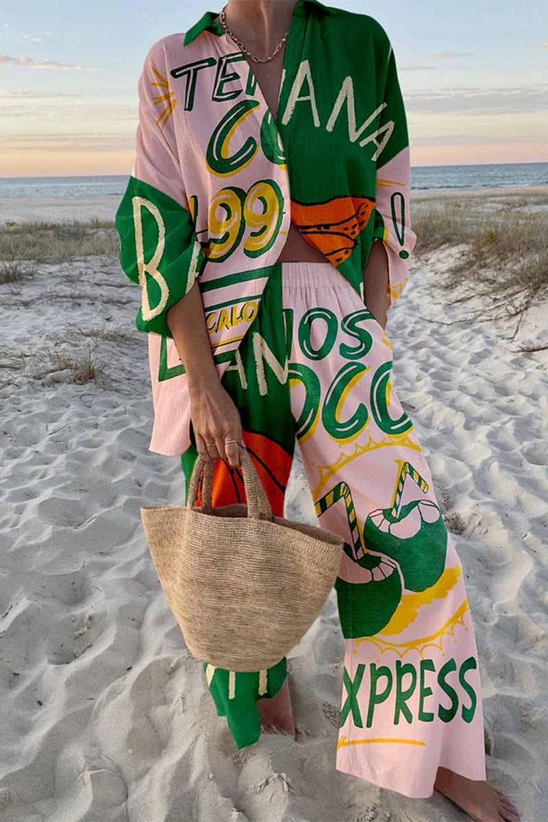 Conjunto informal de dos piezas con estampado de grafiti, bolsillos, botones y cuello vuelto en contraste, manga larga (9 colores)