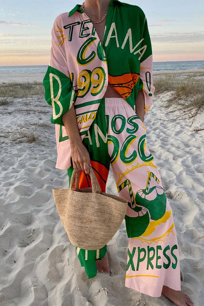 Conjunto informal de dos piezas con estampado de grafiti, bolsillos, botones y cuello vuelto en contraste, manga larga (9 colores)