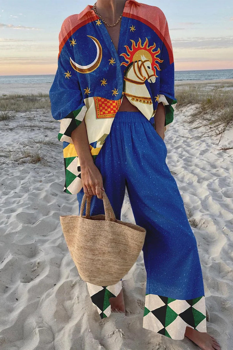 Conjunto informal de dos piezas con estampado de grafiti, bolsillos, botones y cuello vuelto en contraste, manga larga (9 colores)