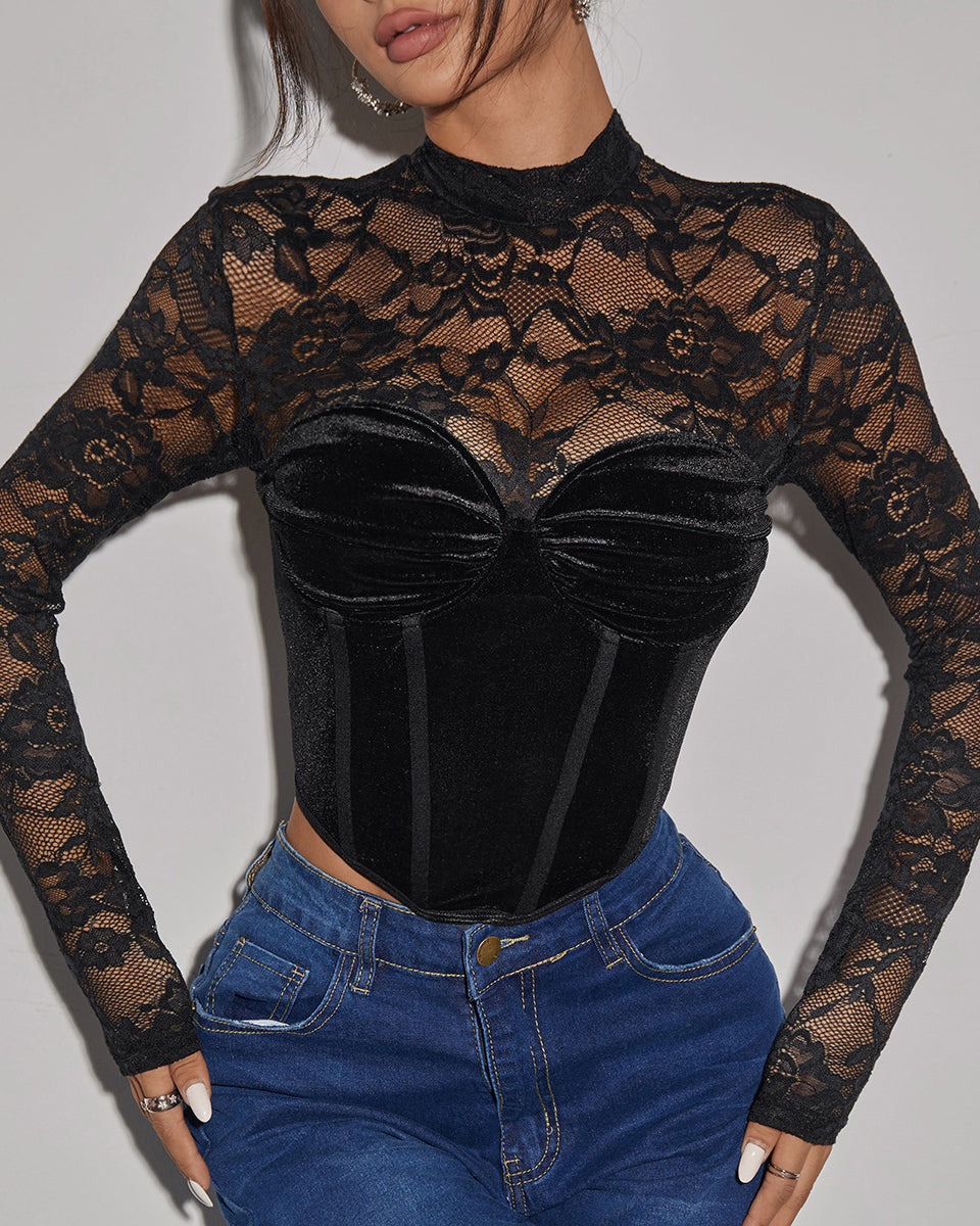 Velvet Lace Panelled Open Back Herringbone Long Sleeve Top