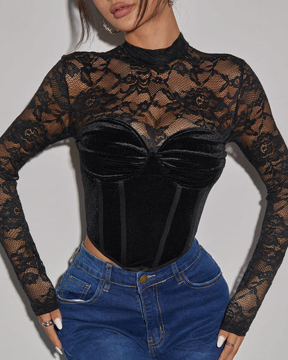 Velvet Lace Panelled Open Back Herringbone Long Sleeve Top