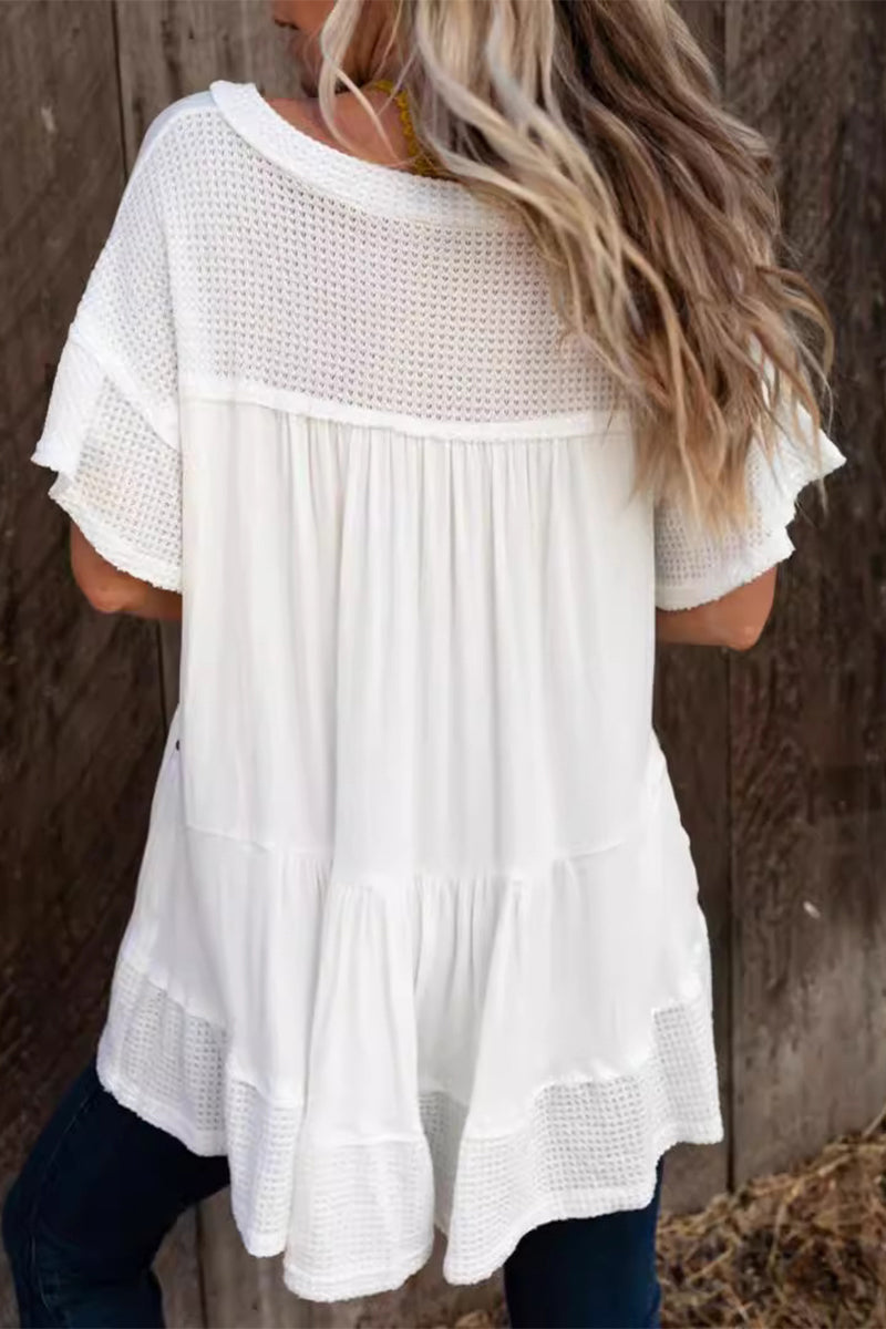 Camisetas casuales de cuello en V con cuentas de color sólido