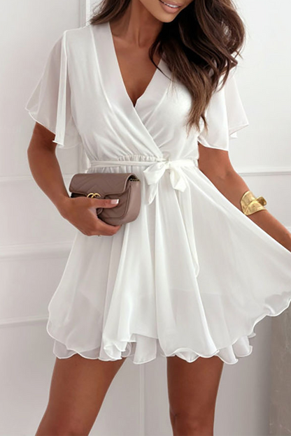 Vestidos sexis de corte A con escote en V, volantes y cordones en color liso (3 colores)