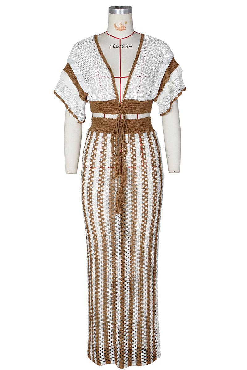 Conjunto de dos piezas con escote en V y manga corta, diseño de patchwork con tiras y aberturas (4 colores)