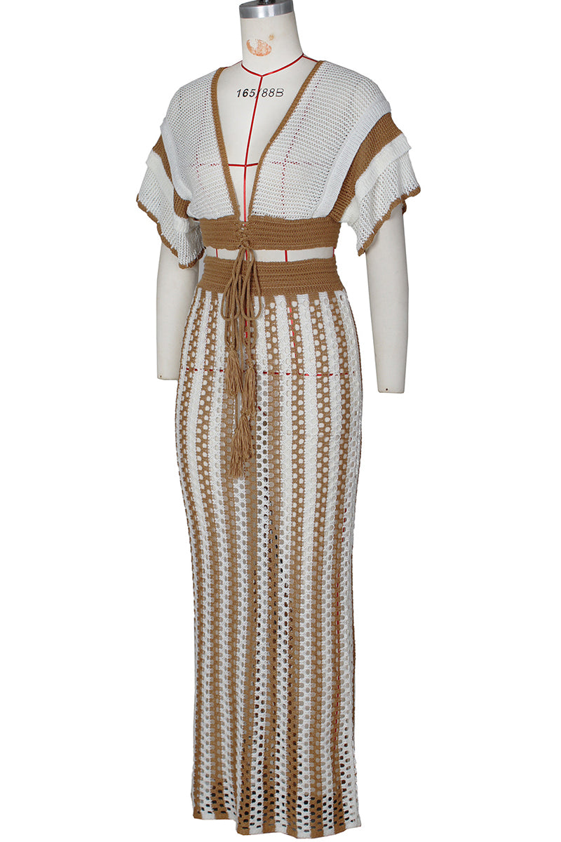 Conjunto de dos piezas con escote en V y manga corta, diseño de patchwork con tiras y aberturas (4 colores)