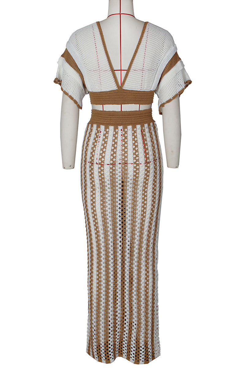 Conjunto de dos piezas con escote en V y manga corta, diseño de patchwork con tiras y aberturas (4 colores)