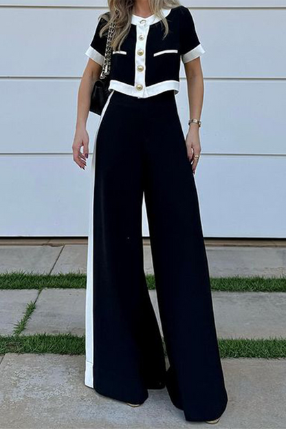 Conjunto informal de dos piezas de manga corta con botones en contraste de color liso para calle