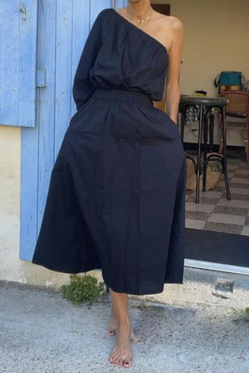 Conjunto de dos piezas informal, elegante, de color liso, con bolsillos, cuello oblicuo irregular y media manga