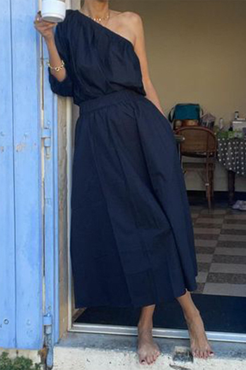 Conjunto de dos piezas informal, elegante, de color liso, con bolsillos, cuello oblicuo irregular y media manga