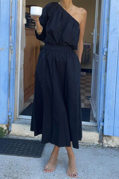 Conjunto de dos piezas informal, elegante, de color liso, con bolsillos, cuello oblicuo irregular y media manga