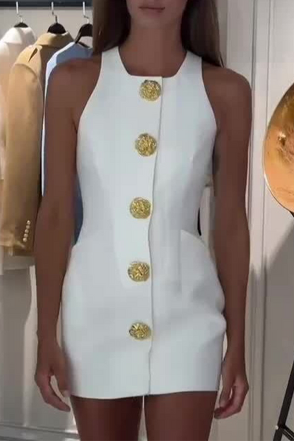 Vestidos de falda cruzada con cuello redondo y botones de colores lisos de celebridades diarias