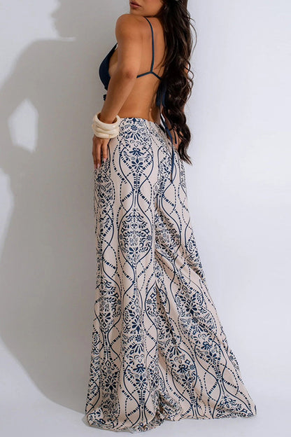 Mono holgado con tirantes finos, espalda descubierta y estampado sexy de patchwork calado