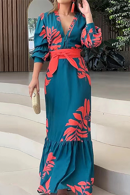 Vestidos casuales con estampado floral, cordones, volantes y cuello en V