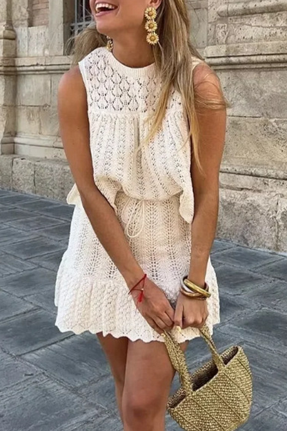 Conjunto informal de dos piezas sin mangas con cuello redondo y tejido calado de color liso para calle