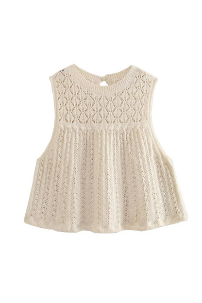 Conjunto informal de dos piezas sin mangas con cuello redondo y tejido calado de color liso para calle