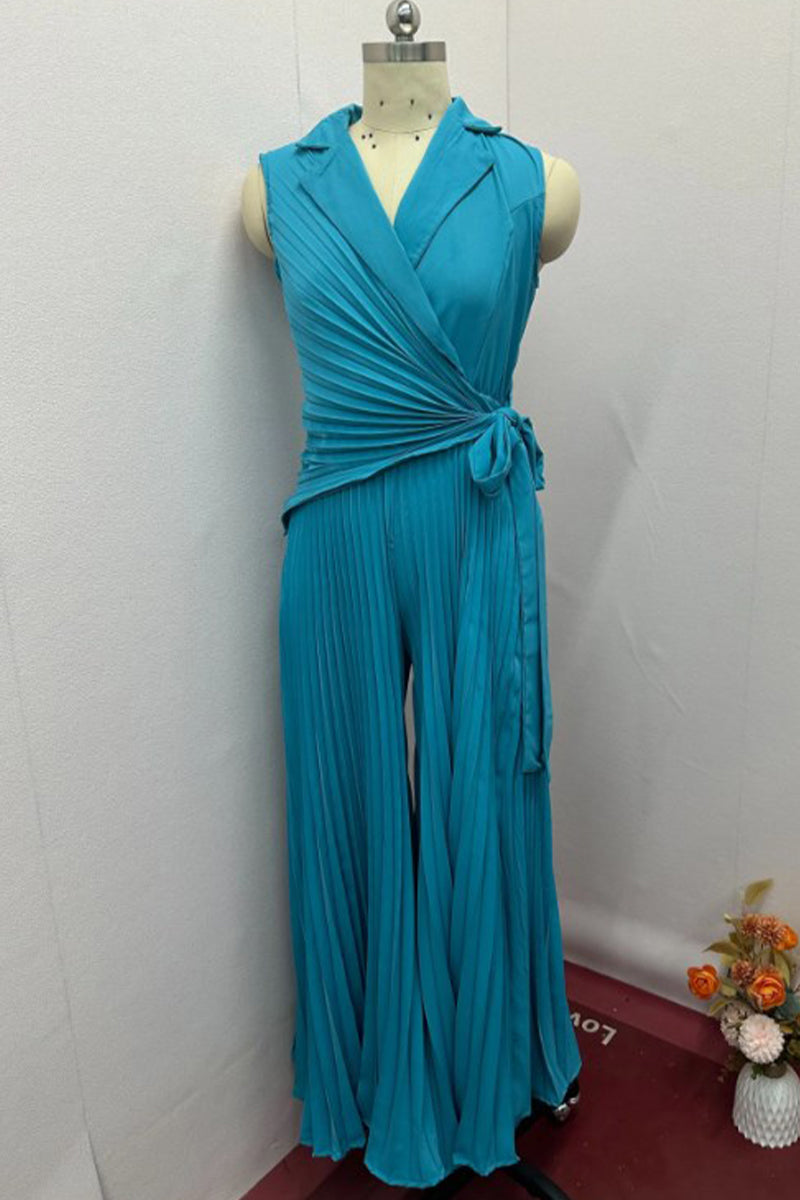 Monos casuales de color sólido con cordones, fruncidos, plisados y cuello vuelto.