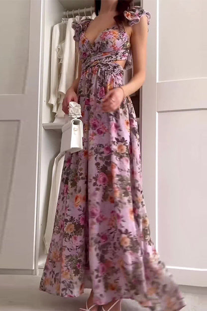 Vestidos sexis de vacaciones con estampado floral, espalda descubierta, tirantes y cuello en V.