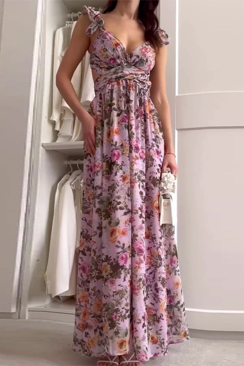 Vestidos sexis de vacaciones con estampado floral, espalda descubierta, tirantes y cuello en V