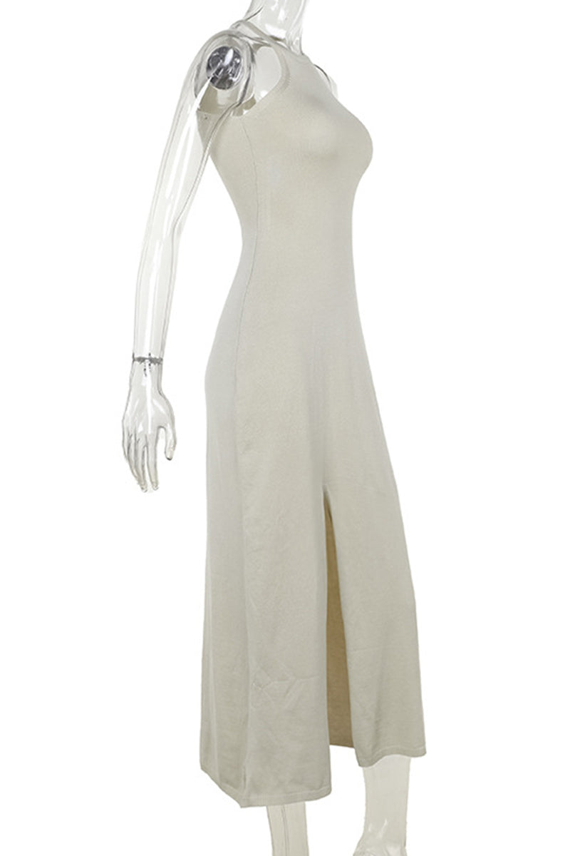 Vestidos sexis de punto con abertura en color liso y cuello halter sin mangas
