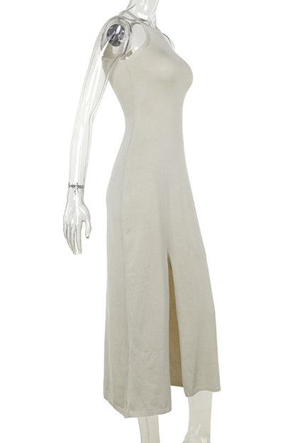 Vestidos sexis de punto con abertura en color liso y cuello halter sin mangas