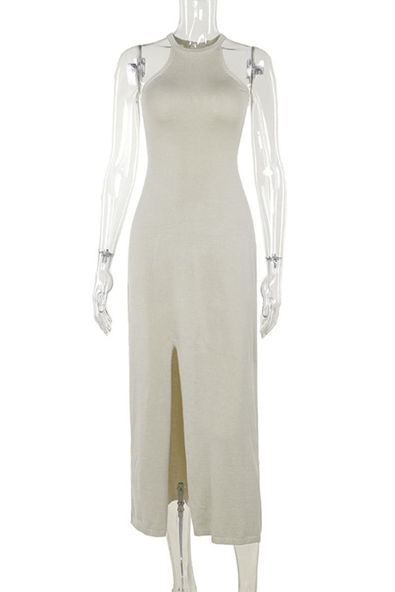 Vestidos sexis de punto con abertura en color liso y cuello halter sin mangas