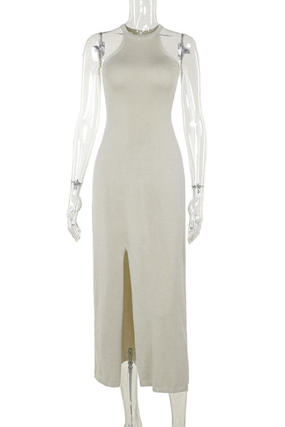 Vestidos sexis de punto con abertura en color liso y cuello halter sin mangas