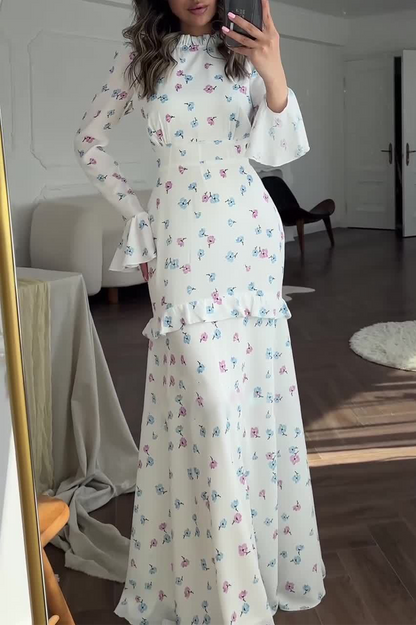 Elegante vestido de manga larga con cuello alto, volantes y patchwork con estampado de flores