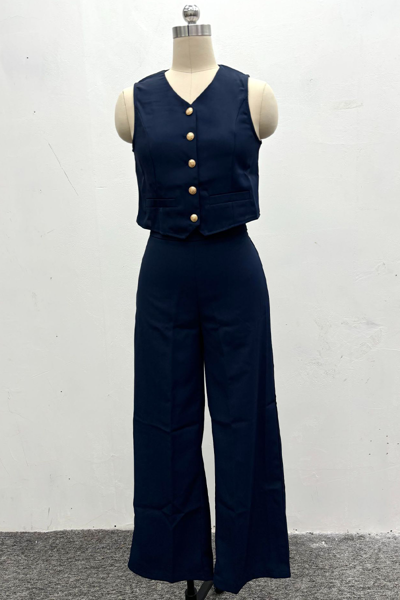 Conjunto informal de dos piezas con cuello en V, sin mangas, botones y color liso (4 colores)