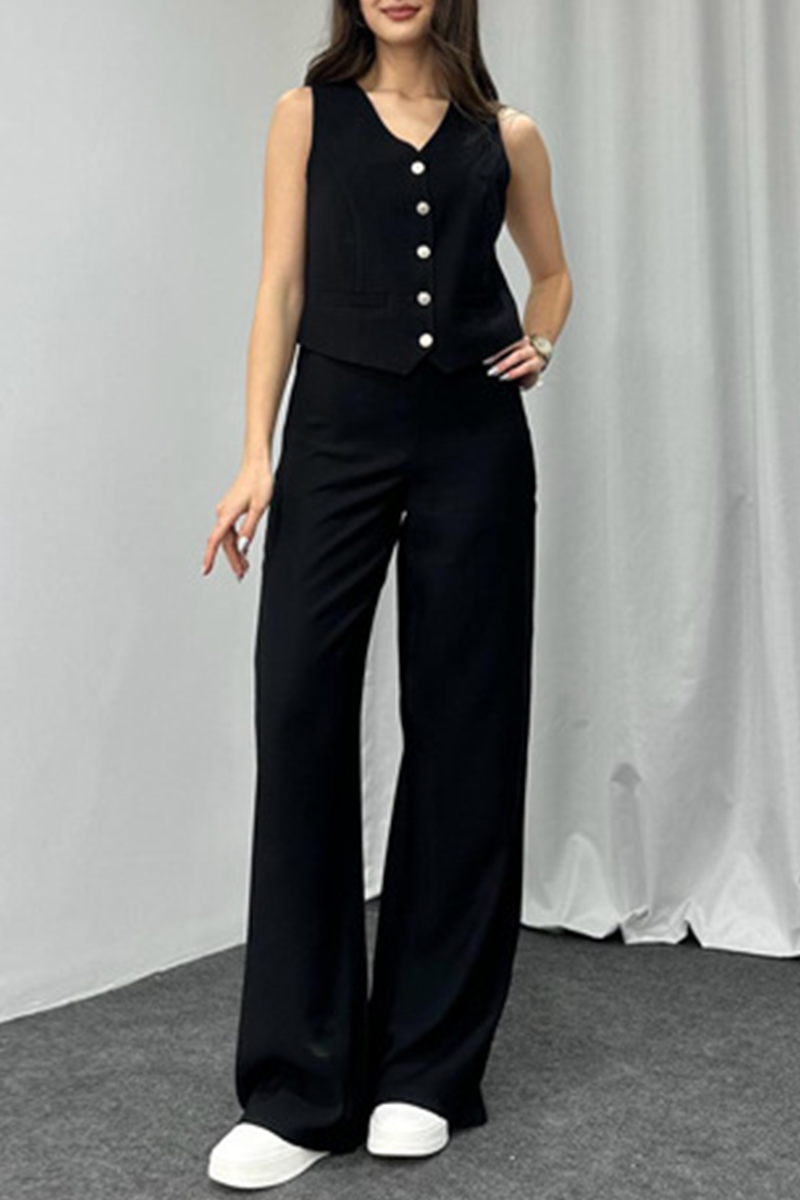 Conjunto informal de dos piezas con cuello en V, sin mangas, botones y color liso (4 colores)