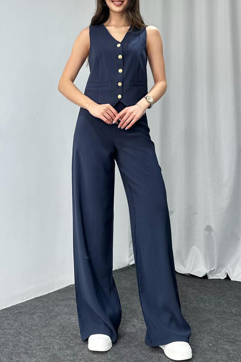 Conjunto informal de dos piezas con cuello en V, sin mangas, botones y color liso (4 colores)