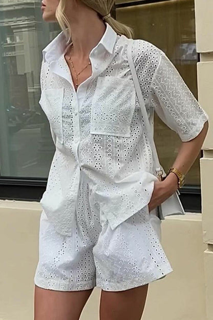 Conjunto informal de dos piezas con cuello vuelto, manga corta, color sólido, encaje, bolsillo y bolsillos