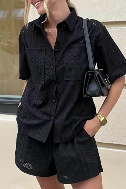 Conjunto informal de dos piezas con cuello vuelto, manga corta, color sólido, encaje, bolsillo y bolsillos