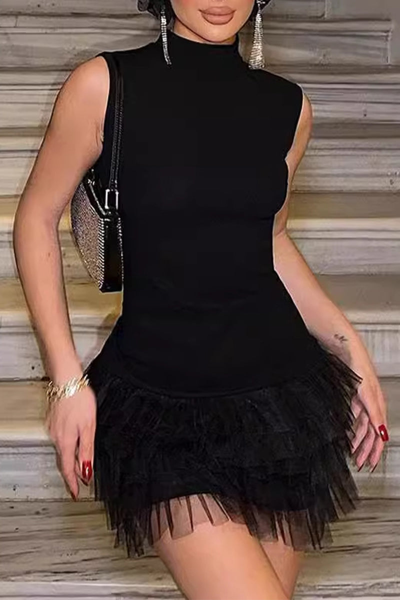 Vestidos de celebridades sexys de malla de color sólido con cuello mandarín y corte A